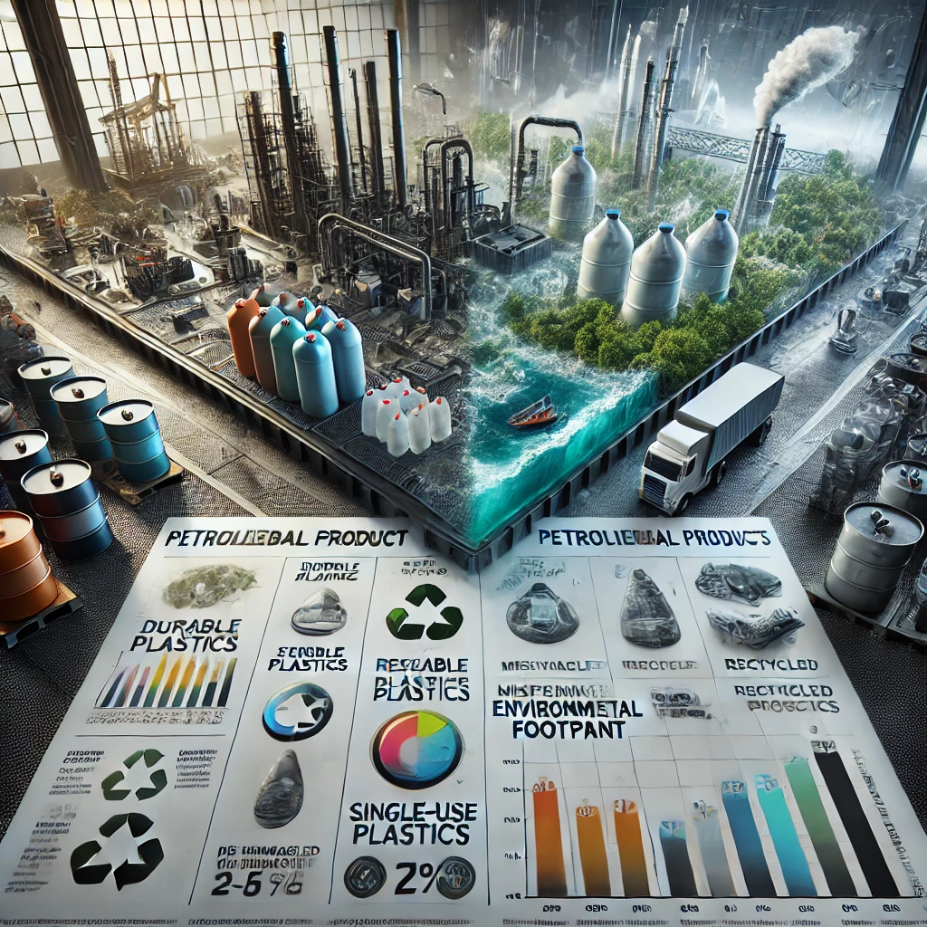 Ilustracja przedstawia porównanie wpływu na środowisko trwałych i poddawanych recyklingowi produktów naftowych, takich jak wielorazowe pojemniki, z jednorazowymi plastikami, które zanieczyszczają środowisko, podkreślając warunki, w których produkty naftowe mogą być bardziej zrównoważone.