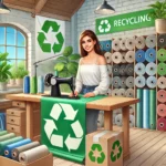 Oto ilustracja przedstawiająca ekologiczny warsztat tekstylny, w którym młoda kobieta pracuje z materiałami z recyklingu. W tle widoczne są tekstylia i symbole recyklingu, podkreślające zrównoważone podejście do produkcji.