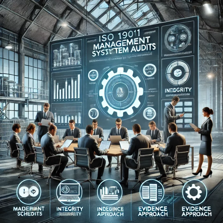 Ilustracja przedstawia proces audytu systemów zarządzania zgodnie z normą ISO 19011. Ukazuje zespół audytorów pracujących w profesjonalnym środowisku, z elementami wizualnymi podkreślającymi kluczowe zasady audytu, takie jak obiektywność, kompetencje i oparty na dowodach proces.