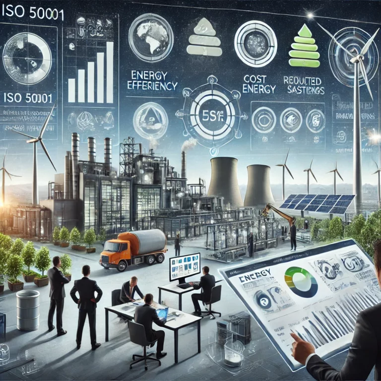 Ilustracja przedstawia zasady zarządzania energią zgodnie z normą ISO 50001. Ukazano zespół analizujący dane na temat efektywności energetycznej, otoczonego technologiami odnawialnymi, podkreślając znaczenie innowacji, oszczędności i zrównoważonego rozwoju.