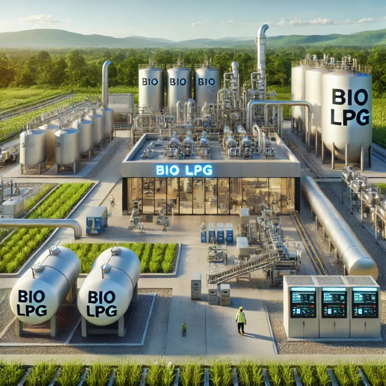 Ilustracja przedstawia nowoczesny, ekologiczny zakład produkcji bio LPG, ukazujący proces przekształcania odpadów organicznych w biopaliwo.