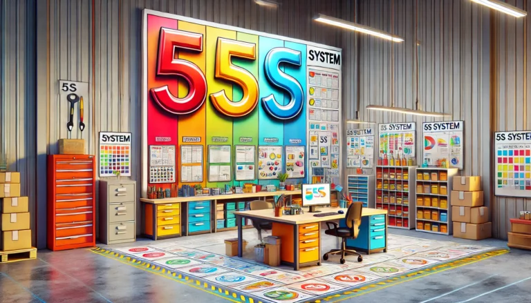 DALL·E 2024-11-18 07.14.07 - A realistic, vibrant illustration of a workplace with a central focus on the '5S' system name. The '5S' text is prominently displayed in bold, colorfu