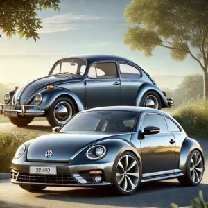 Oto ilustracja przedstawiająca klasycznego Volkswagena Garbusa obok nowoczesnego Volkswagena Beetle (A5). Scena w spokojnym parku podkreśla kontrast między nostalgiczną stylistyką retro a nowoczesnymi rozwiązaniami technologicznymi. Idealnie ukazuje ewolucję designu i technologii w motoryzacji.