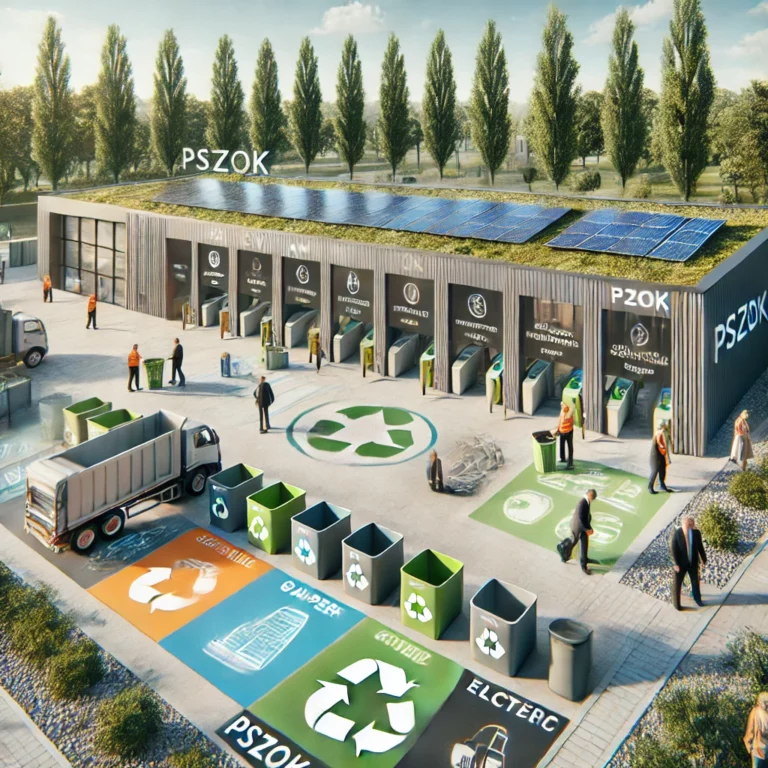 DALL·E 2024-11-19 09.23.52 - A modern Civic Amenity Site (PSZOK) in Poland with a clear focus on eco-friendly waste management. The image features distinct zones for recyclable ma