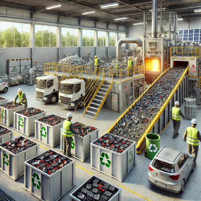 DALL·E 2024-11-19 09.33.20 - A realistic depiction of a modern recycling facility processing car batteries collected from a PSZOK (Civic Amenity Site) in Poland. The image shows w