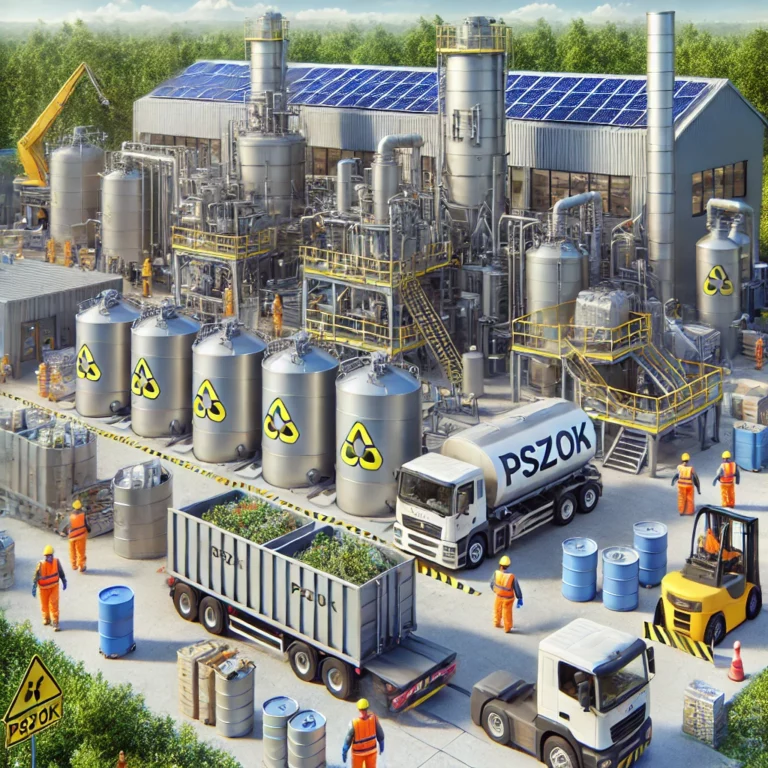 DALL·E 2024-11-19 09.47.20 - A realistic depiction of a modern recycling facility specializing in processing paints, adhesives, and solvents collected from PSZOK in Poland. The im