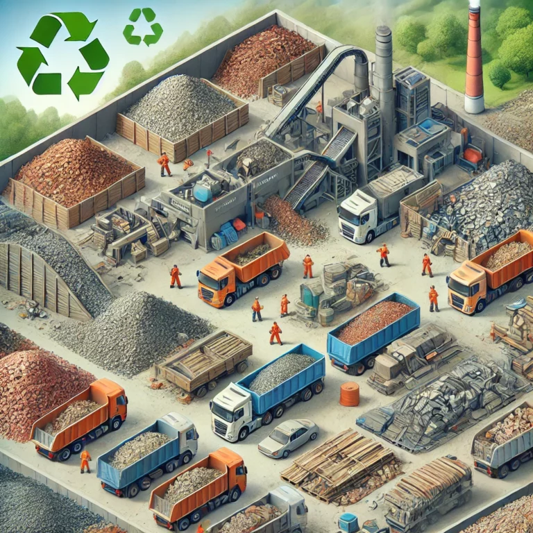 DALL·E 2024-11-19 10.04.38 - A realistic and simplified illustration of a recycling facility processing construction waste, such as bricks, tiles, rubble, and wooden materials, co