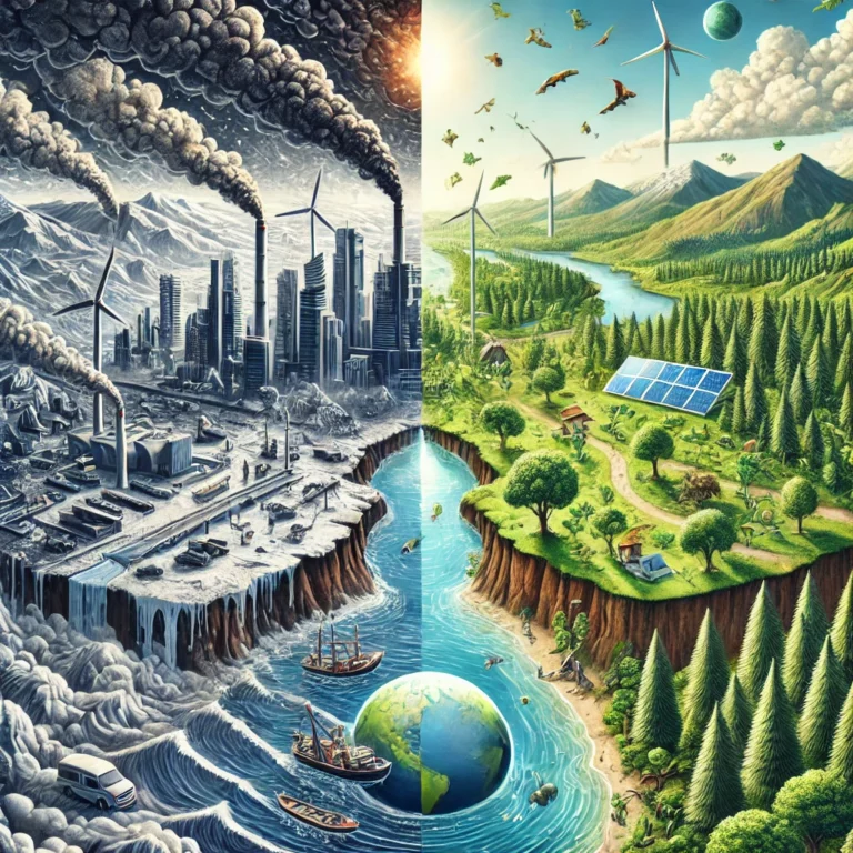 ilustracja przedstawiająca wpływ zmian klimatycznych. Ukazuje kontrast między zanieczyszczonym środowiskiem a zrównoważoną przyszłością, gdzie odnawialne źródła energii, zielone lasy i czyste powietrze dominują krajobraz. Idealna do edukacyjnych celów związanych z ochroną środowiska i świadomością ekologiczną.