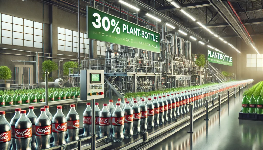 ilustracja przedstawiająca nowoczesną linię produkcyjną PepsiCo, skupiającą się na produkcji butelek z tworzywa rPET (100% z recyklingu), podkreślając zrównoważony rozwój i innowacyjność w zarządzaniu plastikiem.