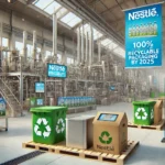 Przedstawiam ilustrację pokazującą nowoczesną linię produkcyjną Nestlé, skupiającą się na opakowaniach nadających się do recyklingu, podkreślając zaangażowanie firmy w zrównoważony rozwój i innowacje w przemyśle spożywczym.