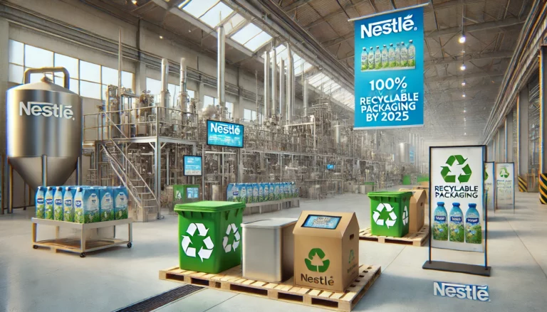 Przedstawiam ilustrację pokazującą nowoczesną linię produkcyjną Nestlé, skupiającą się na opakowaniach nadających się do recyklingu, podkreślając zaangażowanie firmy w zrównoważony rozwój i innowacje w przemyśle spożywczym.