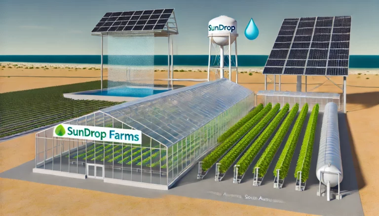 ilustracje przedstawiające nowoczesne technologie wykorzystywane w Sundrop Farms w Południowej Australii. Sceny podkreślają zastosowanie energii słonecznej, systemów odsalania wody oraz zaawansowanych szklarni do zrównoważonej uprawy roślin.