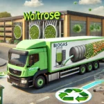 ilustracja przedstawiająca samochód dostawczy sieci Waitrose zasilany biogazem pochodzącym z odpadów żywnościowych. Scena ukazuje ciężarówkę na tle supermarketu z wizualizacją procesu przekształcania resztek żywności w biogaz, podkreślając ekologiczne podejście do zarządzania odpadami i transportu.