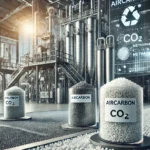 ilustracja przedstawiająca produkcję AirCarbon, ukazująca proces przekształcania gazów cieplarnianych w ekologiczne granulki plastikowe. Scena prezentuje nowoczesne urządzenia do wychwytywania CO2 i metanu oraz transparentne pojemniki z granulkami, podkreślając innowacyjność i zrównoważony charakter tego materiału.