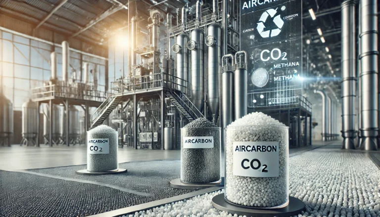 ilustracja przedstawiająca produkcję AirCarbon, ukazująca proces przekształcania gazów cieplarnianych w ekologiczne granulki plastikowe. Scena prezentuje nowoczesne urządzenia do wychwytywania CO2 i metanu oraz transparentne pojemniki z granulkami, podkreślając innowacyjność i zrównoważony charakter tego materiału.