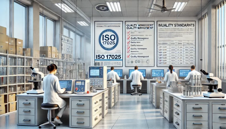 ilustracja przedstawiająca nowoczesne laboratorium wdrażające standardy ISO 17025. Scena ukazuje techników pracujących z precyzyjnym, wzorcowanym sprzętem w czystym, dobrze zorganizowanym środowisku, podkreślając zarządzanie jakością, kompetencje techniczne i zgodność z międzynarodowymi normami.