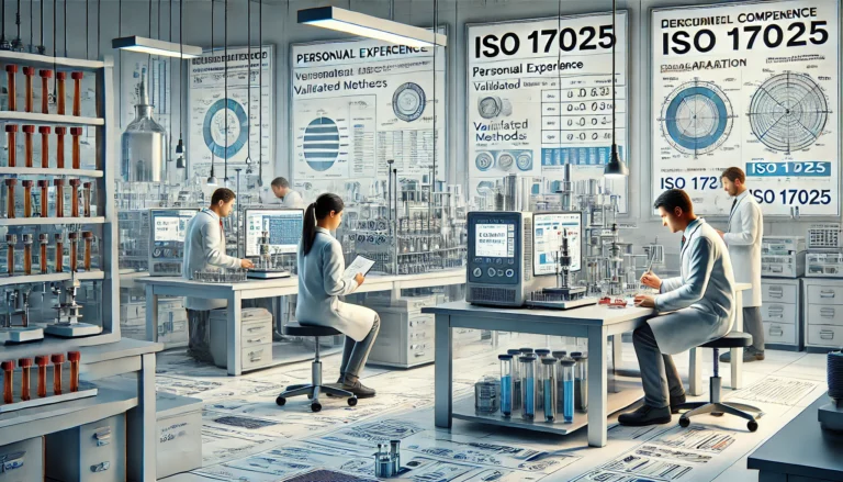 ilustracja przedstawiająca laboratorium funkcjonujące zgodnie z normą ISO 17025, podkreślająca kompetencje techniczne. Scena pokazuje wykwalifikowanych techników pracujących z precyzyjnym, wzorcowanym sprzętem w kontrolowanych warunkach, z naciskiem na metodykę i dokładność badań.