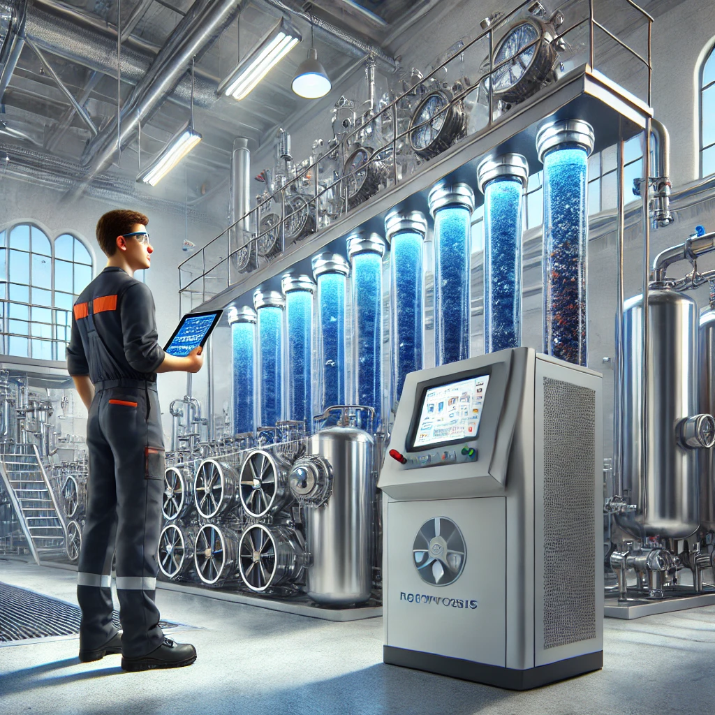 DALL·E 2024-11-21 10.40.58 - A highly realistic and modern industrial-style illustration depicting a coolant recycling facility using reverse osmosis technology. The scene shows a