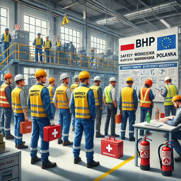 DALL·E 2024-11-21 18.25.40 - A realistic illustration of workplace safety (BHP) in Poland. The scene features a diverse group of workers in a factory setting wearing proper safety