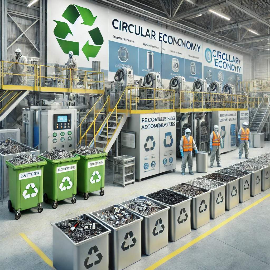 DALL·E 2024-11-21 21.53.12 - A realistic illustration of a modern recycling facility for batteries and accumulators. The scene features advanced machinery separating battery compo