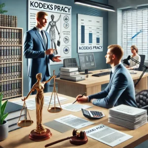 DALL·E 2024-11-23 09.48.30 - A realistic depiction representing the Polish Labor Code (Kodeks pracy). The illustration features a modern office setting where an HR professional is