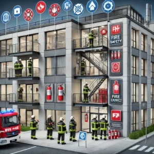 DALL·E 2024-11-23 09.54.55 - A realistic depiction of fire safety measures as outlined in the Act on Fire Protection (Ustawa o ochronie przeciwpożarowej). The illustration feature