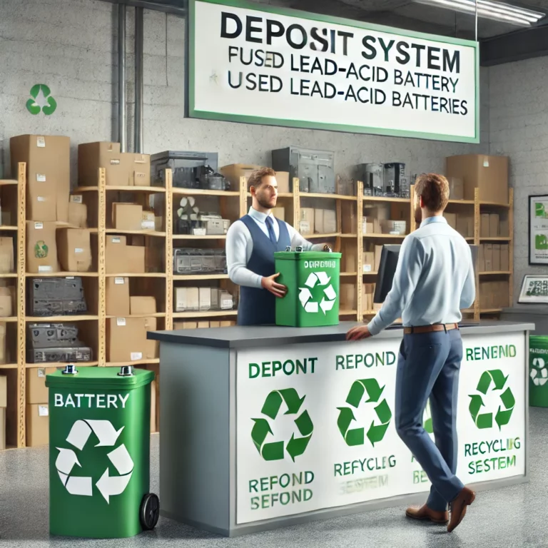 DALL·E 2024-11-23 10.41.32 - A realistic depiction illustrating the concept of a deposit system for used lead-acid batteries in compliance with environmental regulations. The illu