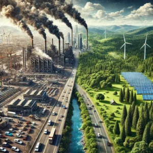 DALL·E 2024-11-24 04.27.04 - A highly realistic illustration depicting the impact of human activities on climate change. The image is divided into two contrasting halves_ on the l