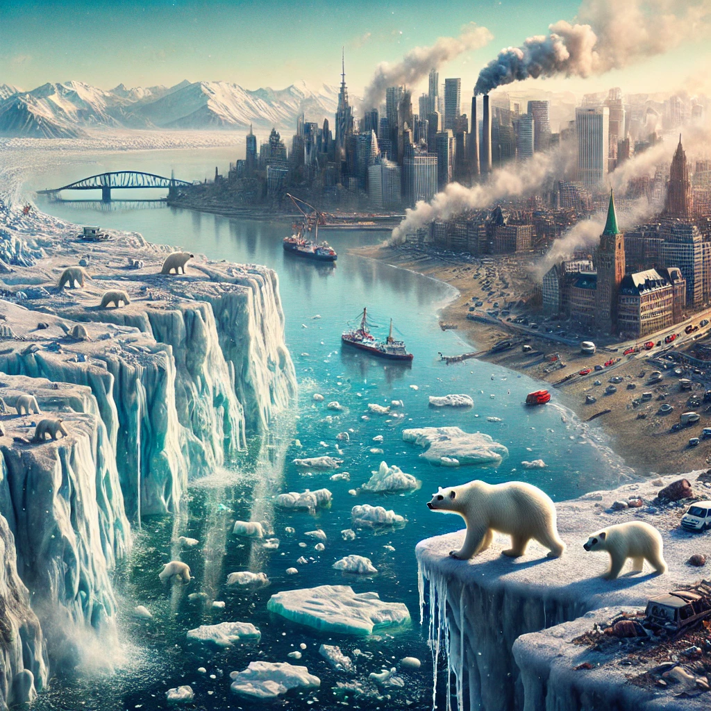 DALL·E 2024-11-24 04.45.11 - A highly realistic illustration depicting the effects of glacier melting and rising sea levels due to climate change. The scene shows a massive glacie