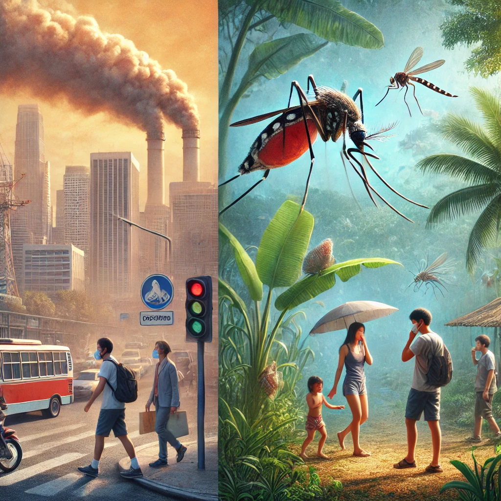 DALL·E 2024-11-24 05.20.49 - A realistic illustration depicting the health impacts of climate change. The scene shows a smoggy urban area with people wearing masks to protect agai