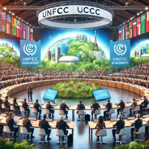 DALL·E 2024-11-24 05.24.32 - A realistic illustration of an international climate conference. The scene depicts a large hall with representatives from different countries sitting