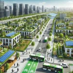 DALL·E 2024-11-24 06.51.33 - A realistic illustration of a sustainable city showcasing green initiatives. The scene features modern energy-efficient buildings with solar panels an