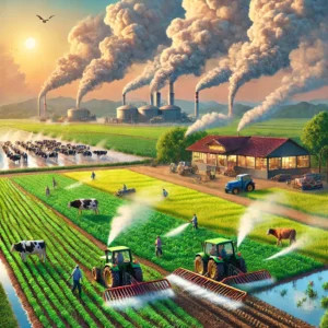 DALL·E 2024-11-24 07.11.49 - A realistic illustration showing agriculture as a source of air pollution. The scene features fields with farmers applying nitrogen-based fertilizers,