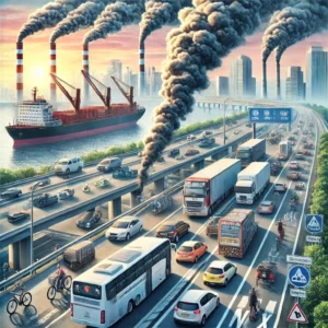 DALL·E 2024-11-24 07.14.01 - A realistic illustration showing transportation as a source of air pollution. The scene includes a congested highway with cars emitting exhaust fumes