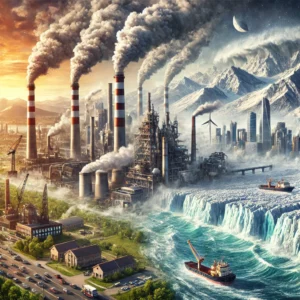 DALL·E 2024-11-24 07.18.57 - A realistic illustration showing the impact of air pollution on climate change. The scene features industrial chimneys emitting greenhouse gases like