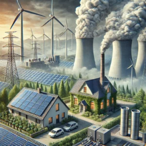 DALL·E 2024-11-24 07.31.52 - A realistic illustration depicting energy transition as a solution to air pollution. The scene features solar panels on rooftops, a wind farm in the b