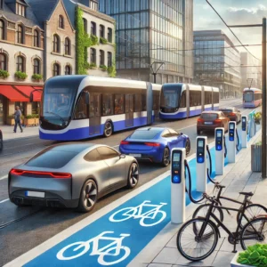 DALL·E 2024-11-24 07.43.04 - A realistic illustration depicting sustainable transportation. The scene features a cityscape with electric buses, cars charging at EV stations, and w