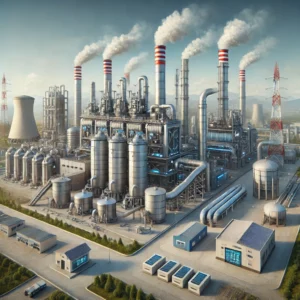 DALL·E 2024-11-24 07.45.45 - A realistic illustration showcasing industrial pollution control technologies. The scene features a large factory equipped with modern filters, scrubb