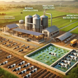 DALL·E 2024-11-24 07.48.20 - A realistic illustration depicting sustainable agriculture practices aimed at reducing air pollution. The scene features a modern farm with biogas fac