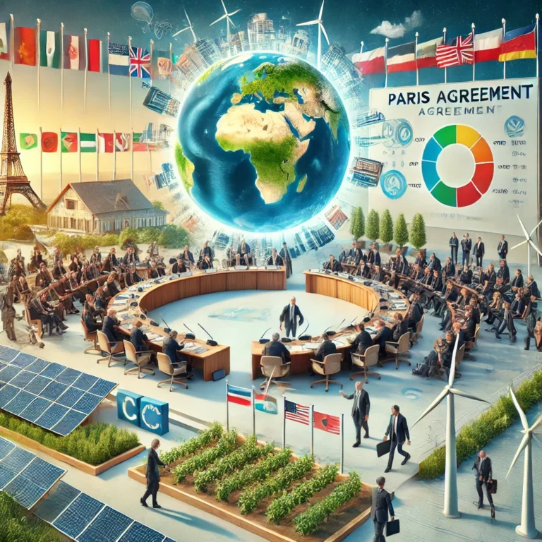 DALL·E 2024-11-24 07.56.25 - A realistic illustration of the Paris Agreement in action. The scene features an international summit with delegates from various countries discussing