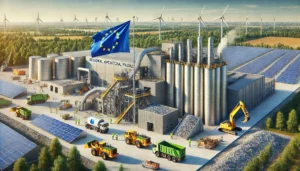 DALL·E 2024-11-25 05.31.29 - A highly realistic industrial scene featuring the implementation of Regional Operational Programs (RPO) in Poland, prominently displaying an EU flag a