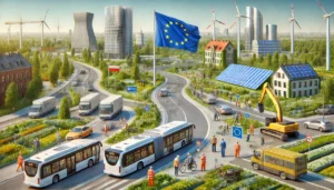 DALL·E 2024-11-25 05.37.12 - A highly realistic depiction of various projects funded by Regional Operational Programs (RPO) in Poland, with the EU flag prominently displayed in th