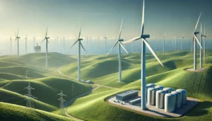 DALL·E 2024-11-26 04.24.24 - A highly realistic, modern industrial depiction of wind energy technologies. The image showcases a combination of onshore and offshore wind farms. In