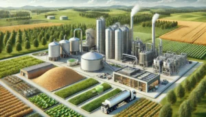 DALL·E 2024-11-26 04.29.56 - A highly realistic and modern industrial depiction of biomass energy technologies. The image showcases various forms of biomass usage_ a pellet produc