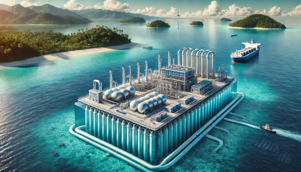 DALL·E 2024-11-26 04.55.53 - A highly realistic, modern industrial depiction of ocean thermal energy conversion (OTEC) technology. The image showcases a floating OTEC plant in a t