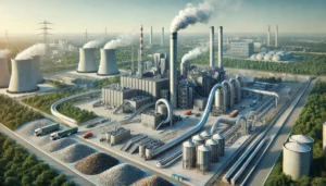 DALL·E 2024-11-26 04.58.49 - A highly realistic, modern industrial depiction of waste-to-energy technologies. The image showcases a waste incineration plant with visible smokestac