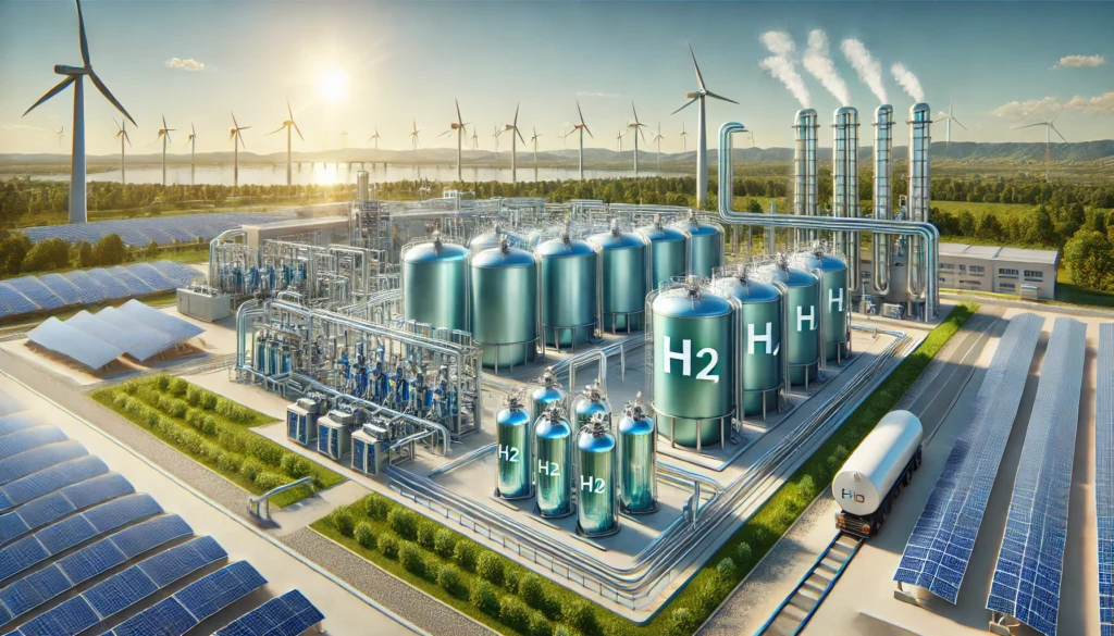 DALL·E 2024-11-26 05.01.46 - A highly realistic, modern industrial depiction of green hydrogen production. The image showcases an advanced electrolysis facility powered by renewab