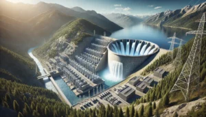 DALL·E 2024-11-26 05.06.41 - A highly realistic, modern industrial depiction of gravity-based energy storage systems. The image features a large hydroelectric pumped storage plant