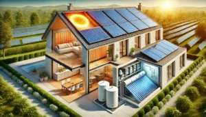 DALL·E 2024-11-26 05.13.52 - A highly realistic and detailed illustration of solar thermal collectors in operation. The image features both flat-plate and vacuum tube solar collec