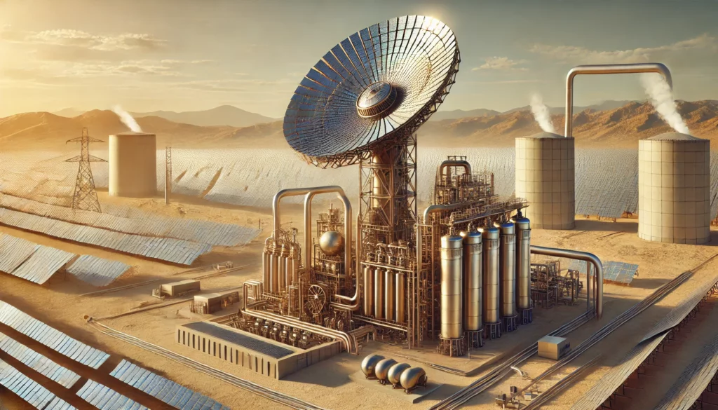 DALL·E 2024-11-26 05.16.33 - A highly realistic and detailed illustration of a solar thermal power plant (CSP) in operation. The image features a central tower with heliostats (mi